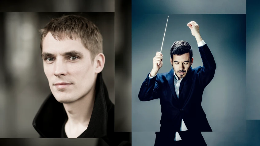 The split-screen image shows, on the left, a portrait photograph of the pianist Cédric Tiberghien and, on the right, a photograph of the conductor Nuno Coelho, dressed in a blue blazer with a light blue shirt slightly unbuttoned at the collar, set against a plain blue-grey background, conducting with a baton in one hand.