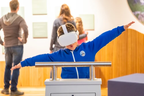Ein Junge mit VR-Brille und ausgebreitenen Armen, als wären sie Flügel, sind zu sehen. Durch die VR-Brille kann man einen 360° Flug über das Wildnisgebiet erleben. 