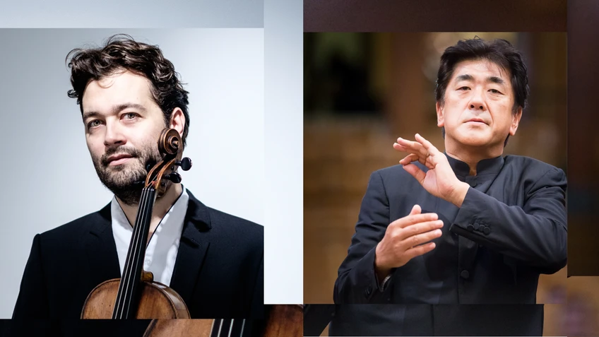 The split-screen image shows, on the left, a portrait photograph of the violinist Lawrence Power with his instrument, and, on the right, the conductor Yutaka Sado, dressed in a black suit and seen conducting.