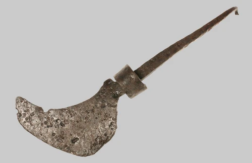 Vine pruning knife, small, wide, crescent-shaped blade. Long, offset handle shank with a ferrule ring.