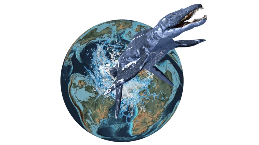 eine Grafik die zeigt, wie ein Urzeitfisch aus der Erdkugel kommt