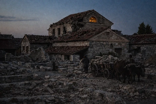 An AI-generated image of the mansio with the villa urbana in the background; it is evening, and people are collecting stones to reuse 