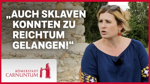 Ein Vorschaubild für den Videocast zeigt Archäologin Nisa Kirchengast neben dem Zitat "Auch Sklaven konnten zu Reichtum gelangen!"