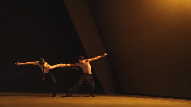 Performancefoto der Choreografie "SWAY" von Medhi Walerski. Zu sehen sind  zwei Tänzer:innen des Ballet BC, gekleidet in schwarzer Hose und weißem Shirt, vor schwarzem Bühnenhintergrund, in einem raumgreifenden Tanzschritt, beleuchtet mit gelbem Bühnenlicht. 