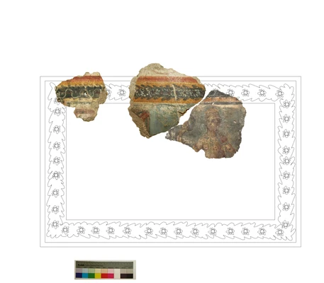 Reconstruction of the painting of the dancer from the Zivilstadttherme, drawn outlines and a fragment of the painting 