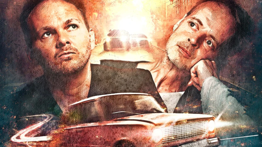 Ein aktionreiches Kinofilmsujet. Im Mittelpunkt nachdenklich BlöZinger. Im Hintergund brennende Straßen und Autos. Im Vordergrund ein Auto auf der Flucht.