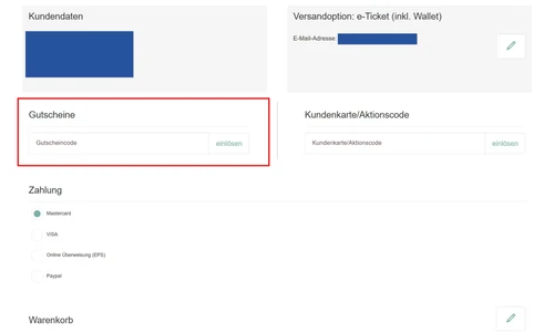 Screenshot des Bestellformulars mit Feldern für Gutscheincodes, Kundenkarten-/Aktionscodes und Auswahl der Zahlungsmethode.