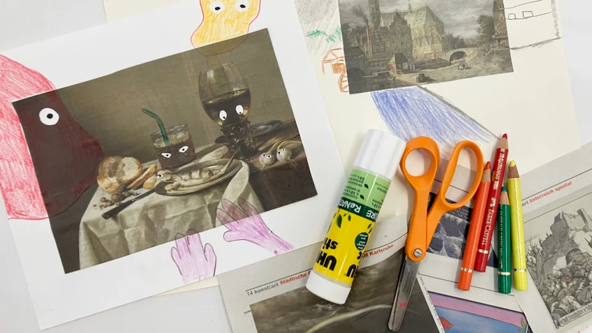 Übermalte Bilder liegen auf einem Tisch, auf dem tisch liegen auch UHU Kleber, Scherre und Bunte Bleistifte