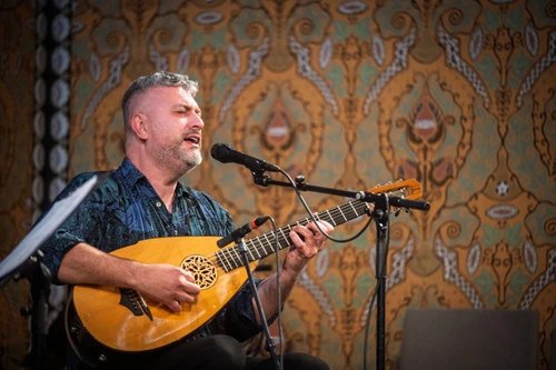 Sänger spielt Laute und singt ins Mikrofon vor Ornamenttapete