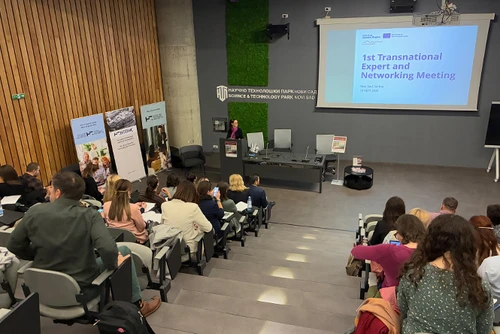 PowerPoint slide from the Transnational Expert and Networking Meeting in Novi Sad organized by the Roman Legacy project, people in the room