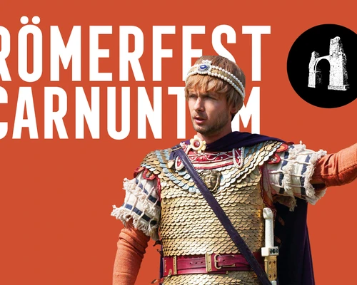 A reenactor in chain mail and sword stands with his hand raised against an orange background as an announcement for the Roman festival.