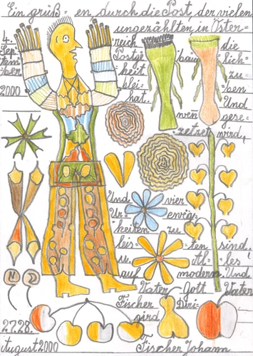 Johann Fischer, Ein grüßen durch die Post, ...2000, 14,7 x 10,4 cm © Privatstiftung Künstler aus Gugging