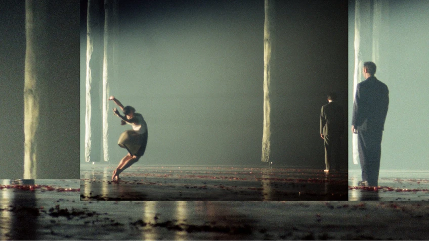 Performancefoto der Choreografie "Schönberg" von Anne Teresa De Keersmaeker von 1995 in der sich die Choreografin von Arnold Schönbergs "Verklärte Nacht" inspirieren ließ. Zu sehen sind Tänzer:innen des Opera Ballet Vlaanderen in einer dynamischen Gruppenchoreografie inmitten eines Bühnenbilds, das einen Wald aus Birken andeutet.
