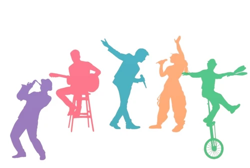 Grafik aus bunten Menschen mit Instrumenten, Einrad oder Mikrophon