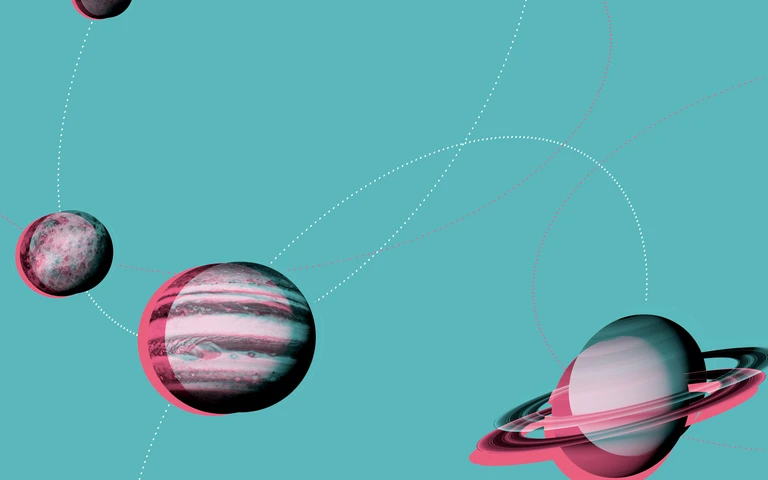 Planeten mit 3D-Effekt auf türkisfarbenem Hintergrund. 