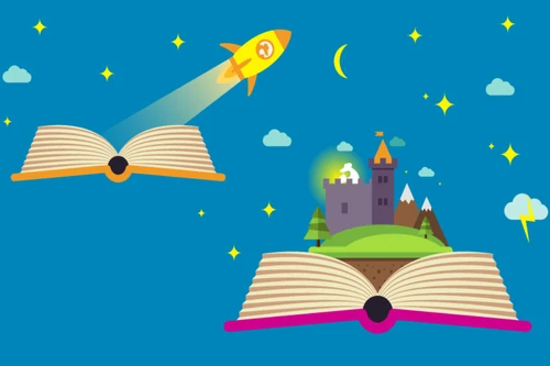 Illustration Aufgeschlagene Bücher Rakete und Märchenschloss vor Sternenhimmel