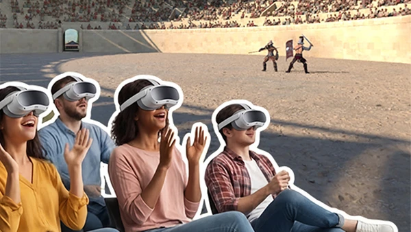 A family sits excitedly on chairs wearing VR headsets; in the background, animated gladiators can be seen fighting in an amphitheater.