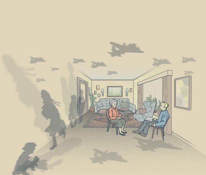 Raum mit Schatten von Fliegern und Kindern, eine Frau und ein Man sitzt auf Stühlen 