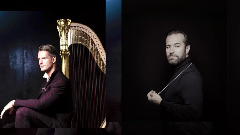 On the right-hand side of the image is a photograph of harpist Xavier de Maistre, elegantly dressed in a dark room against a black background. Directly behind him stands his instrument, the harp, against which he is leaning slightly. On the right-hand side is a black-and-white portrait photograph of Fabien Gabel, principal conductor of the Tonkünstler Orchestra of Lower Austria, holding his baton.