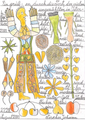 Johann Fischer, Ein grüßen durch die Post, ...2000, 14,7 x 10,4 cm © Privatstiftung Künstler aus Gugging