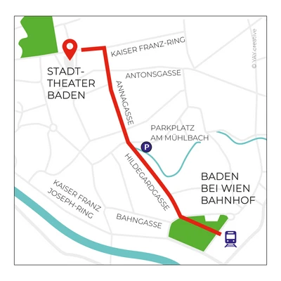 Kartenausschnitt von Baden bei Wien mit einer roten Route vom Bahnhof Baden bei Wien zum Stadttheater Baden. Die Route verläuft über Bahngasse, Hildegardgasse und Annagasse. Markiert sind der Bahnhof (Zugsymbol), das Stadttheater (roter Standort-Pin) und ein Parkplatz am Mühlbach (P-Symbol).