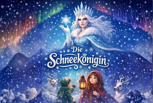Titelbild Schneekönigin, Grafik zwei Kinder in Winterkleidung, darüber blauer Himmel mit Schneeflocken und einer in blau-weiß gekleideten blonden Schneekönigin