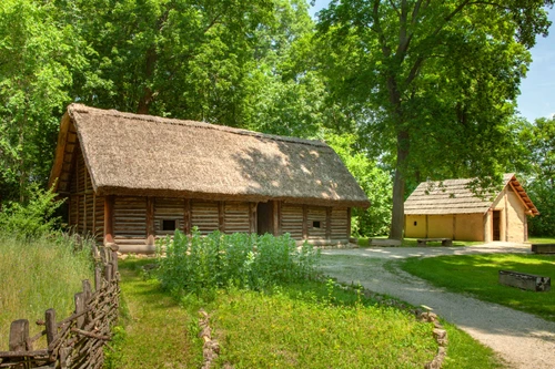 Rekonstruierte prähistorische Holzhäuser mit Strohdach in bewaldeter Museumslandschaft.