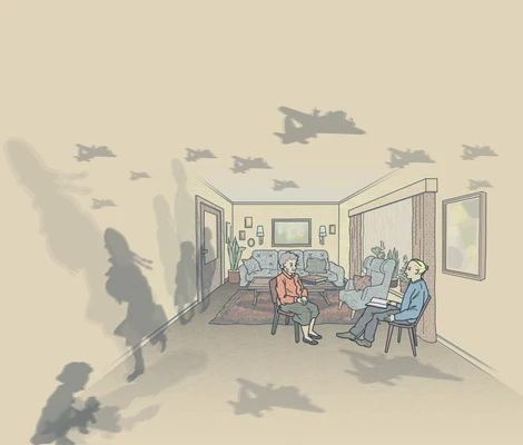 Raum mit Schatten von Fliegern und Kindern, eine Frau und ein Man sitzt auf Stühlen 