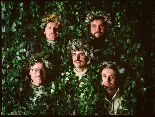 Fünf Männerköpfe mit Blumenkränzen ragen aus einer grünen Hecke