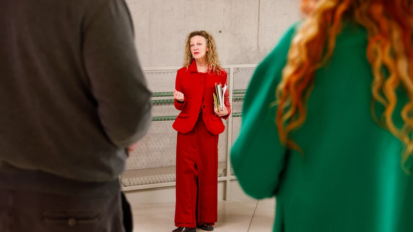 Mona Jas, Artistic Director of the KinderKunstLabor, during the opening tour of the exhibition “Paper, Rock, Scissors - Materials and Tools of Art” at the KinderKunstLabor.