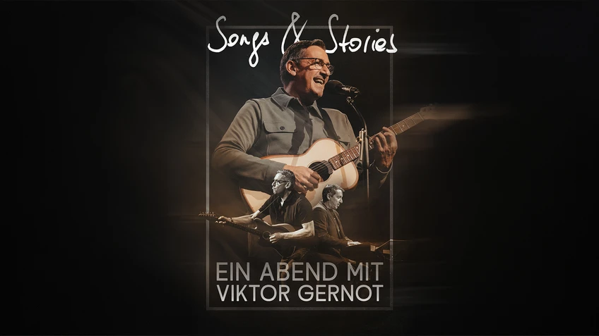 Eventplakat Ein Abend mit Viktor Gernot - Collage aus mehreren Fotos von Viktor Gernot mit Gitarre und Klavier