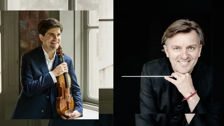 Auf der rechten Bildseite ein Foto von Violinist Fedor Rudin, der freundlich lächelt, zu sehen mit seinem Instrument. Auf der linken Seite ein Foto von Dirigent Tomáš Netopil, in einem schwarzen Anzug vor einem schwarzen Hintergrund, in einer Hand ein Taktstock.