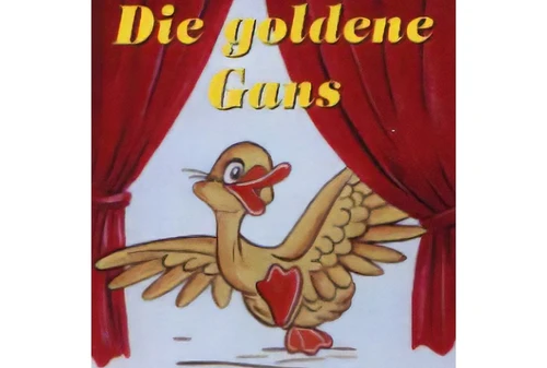 Grafik mit einer gelben Gans auf einer Bühne mit rotem Vorhang