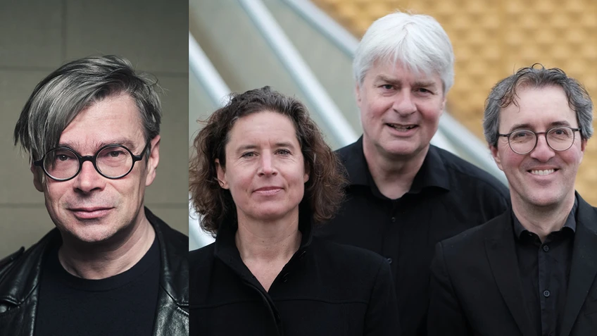 Jaroslav Rudiš, Holger Groschopp (Klavier), Adele Bitter (Cello), Clemens Linder (Violine) © David Adorján