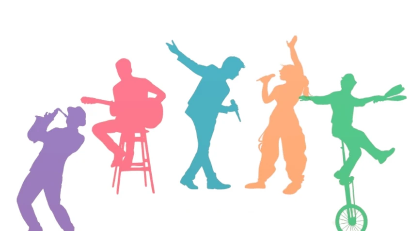 Grafik aus bunten Menschen mit Instrumenten, Einrad oder Mikrophon