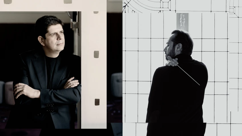 Auf der linken Bildseite ein Foto von Pianist Javier Perianes, zu sehen in einem schwarzen Anzug, darunter ein schwarzes Shirt, auf der rechten Seite ein Schwarz/Weiß-Foto von Fabien Gabel mit dem Rücken zur Kamera, vor ihm im Bildhintergrund ein lichtdurchflutetes, prunkvolles Fenster. In einer Hand hält Gabel einen Taktstock.