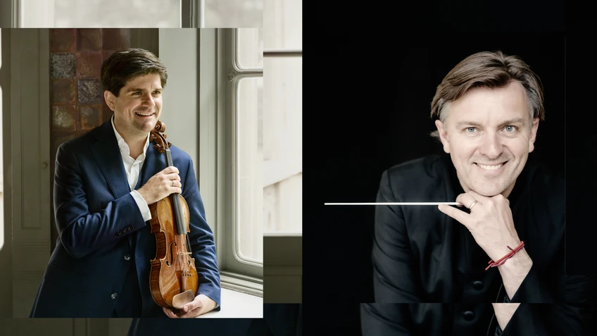 Auf der rechten Bildseite ein Foto von Violinist Fedor Rudin, der freundlich lächelt, zu sehen mit seinem Instrument. Auf der linken Seite ein Foto von Dirigent Tomáš Netopil, in einem schwarzen Anzug vor einem schwarzen Hintergrund, in einer Hand ein Taktstock.