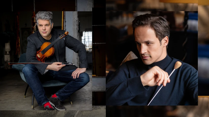 A two-part image: on the left, a portrait photograph of violinist Barnabás Kelemen seated, photographed with his instrument; on the right a portrait photo of conductor Andreas Otensamer with baton.