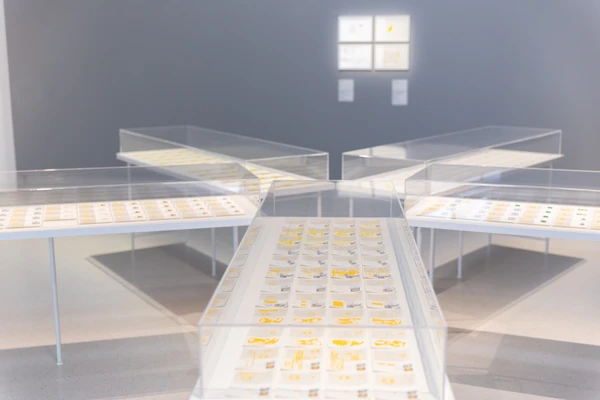 Exhibition view with graphic works in display cases.