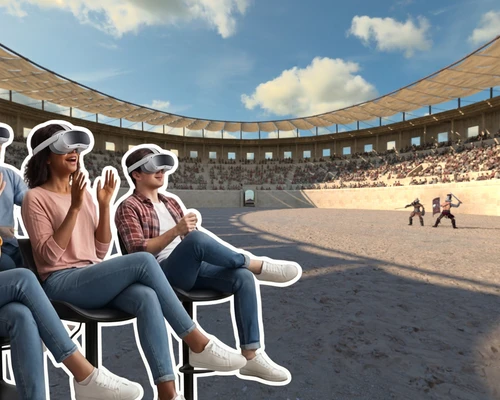 A family sits excitedly on chairs wearing VR headsets; in the background, animated gladiators can be seen fighting in an amphitheater.