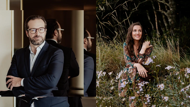 A two-part image: on the left, a portrait photograph of Fabien Gabel, principal conductor of the Tonkünstler-Orchester Niederösterreich, with his arms crossed, looking directly into the camera; on the right, the soprano Elsa Benoit in a field of flowers.