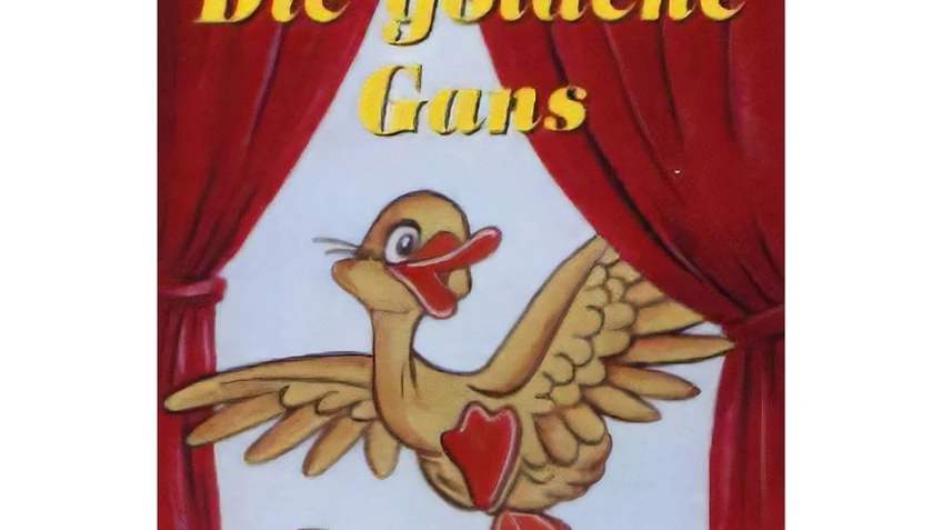 Grafik mit einer gelben Gans auf einer Bühne mit rotem Vorhang