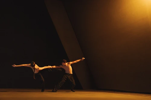 Performancefoto der Choreografie "SWAY" von Medhi Walerski. Zu sehen sind  zwei Tänzer:innen des Ballet BC, gekleidet in schwarzer Hose und weißem Shirt, vor schwarzem Bühnenhintergrund, in einem raumgreifenden Tanzschritt, beleuchtet mit gelbem Bühnenlicht. 