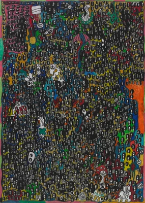 Dicht gefüllte, farbintensive Zeichnung aus Tausenden kleiner schwarzer Figuren mit weißen Gesichtern, die ein nahezu lückenloses Muster bilden. Dazwischen sind bunte Bereiche und einzelne skurrile kleine Kreaturen, Symbole und Formen in Rot, Gelb, Grün, Blau und Orange eingestreut, die dem Bild eine lebhafte, chaotische Struktur geben