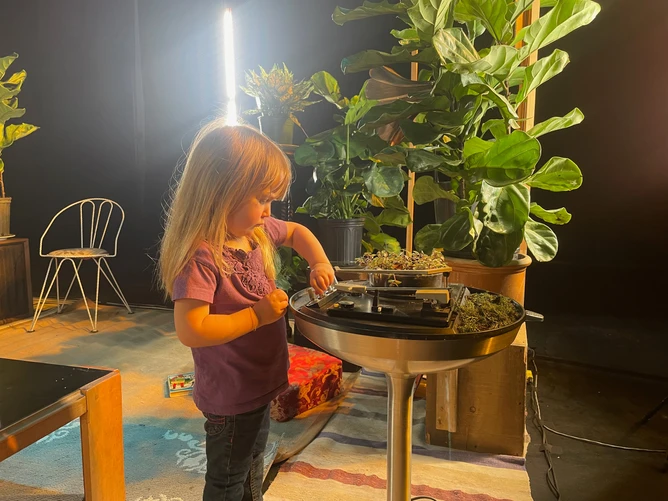 Photo of the sound art piece ‘Solarium’ – it shows a girl at a kind of record player that is overgrown with plants, and various plants can also be seen behind her.