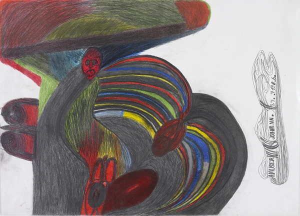 Abstrakte Zeichnung einer Frau mit geschwungenen, überlappenden Formen in Schwarz, Rot, Grün, Blau und Gelb, die eine dynamische, spiralartige Bewegung erzeugen