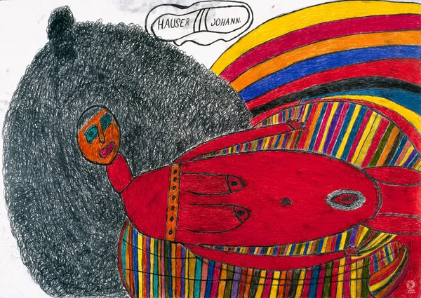 Buntes, abstrakt-geometrisches Bild mit einer roten liegenden Figur auf einem gestreiften, vielfarbigen Untergrund, flankiert von einer großen dunklen Form. Oben ist der Schriftzug ‚Hauser Johann‘ zu sehen.