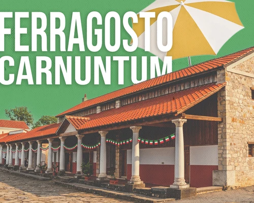 Above the front view of the thermal baths with their portico is the inscription “Ferragosto Carnuntum.” A white-and-yellow parasol can be seen in the background.