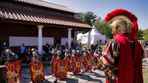 Römische Soldaten beim Römerfest 2023, ziehen über Nordstraße ein, Centurio beobachtet sie 