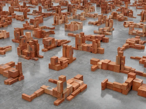 Foto von Antoney Gormleys Installation „Resting Place II“ (2024), bestehend aus gestapelten Terrakotta-Steinblöcken in einem hellgrauen Galerie-/Museumsraum.